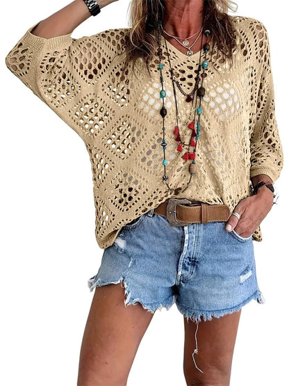 ⏰Last day sale 50% OFF🔥Hot Sale-Womens Bohemian-Inspired Beige Crochet Top with V-Neck